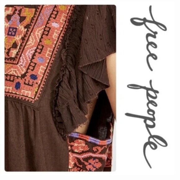 Free People Day Glow Mini Dress Size Small Boho Embroidered Raw Edge Open Back - Picture 3 of 16
